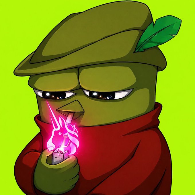 Cartoon illustration of a green, plant-like character wearing a Robin Hood-style hat with a green feather, holding a small lighter that emits a pink flame, set against a bright green background.
