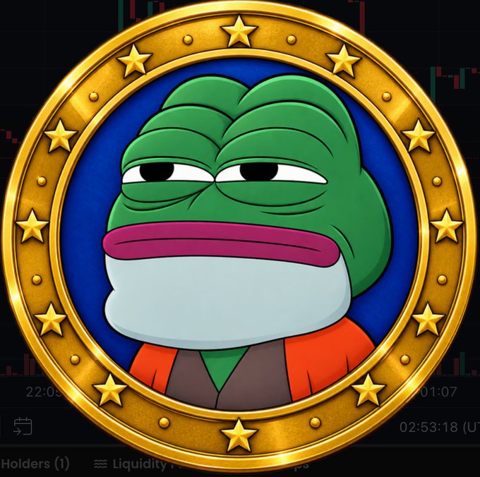 A digital trading badge features Pepe the Frog wearing an orange jacket with a half-lidded expression, framed by a golden ornate border adorned with stars on a blue background. Timestamps like "22:03", "01:07", and "02:53:18" along with labels "Holders" and "Liquidity" are visible around the edges, tying the meme art to its use as a Dexscreener chart graphic.