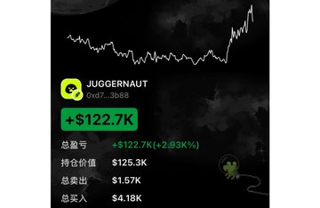 The image shows a Debot trading dashboard displaying wallet "JUGGERNAUT" (0xd7...3b88) with a total P&L of +$122.7K (+2.93%), a holding value of $125.3K, a total sell of $1.57K, and a total buy of $4.18K, illustrating the profitable wallet performance referenced in the post.