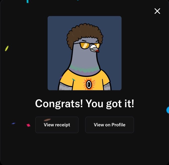 A digital pop-up window on a black background featuring a cartoon pigeon character with a t-shirt, accompanied by the text 'Congrats! You got it!' and buttons for 'View receipt' and 'View on Profile'.
