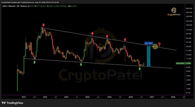 TradingView candlestick chart for AVAX/USDT on Binance showing price action from 2021-2028, created by CryptoPatel, displaying a descending channel pattern with annotations including '461.35%' and 'Pull', with current price at 23.93 M.