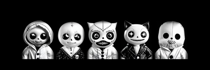 A lineup of five gothic, stitched-together plush dolls with skull-like faces against a black background, representing the @MidnightPuppets brand featured in a crypto NFT giveaway offering 20 guaranteed spots in exchange for following, liking, and sharing an EVM wallet.