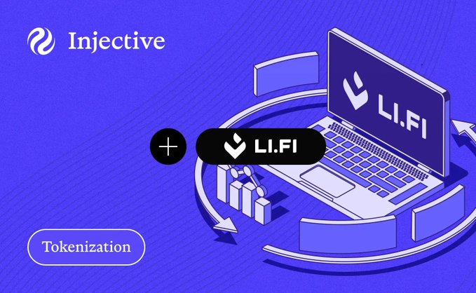 A promotional graphic featuring 'Injective' and 'LI.FI' logos on a purple background with an illustration of a laptop and a 'Tokenization' label.