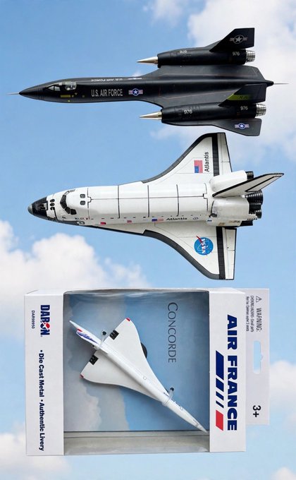Three images stacked vertically: a U.S. Air Force SR-71 Blackbird, a Space Shuttle orbiting in space, and a model Concorde airplane in an 'Air France' box labeled 'DAREA' with '3+' age rating.