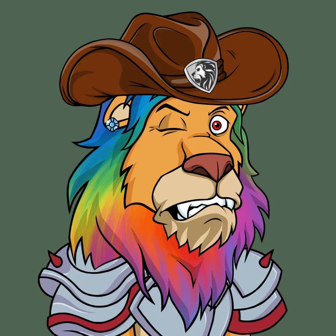 A cartoon illustration of a lion with a rainbow-colored mane wearing a brown cowboy hat and silver armor.