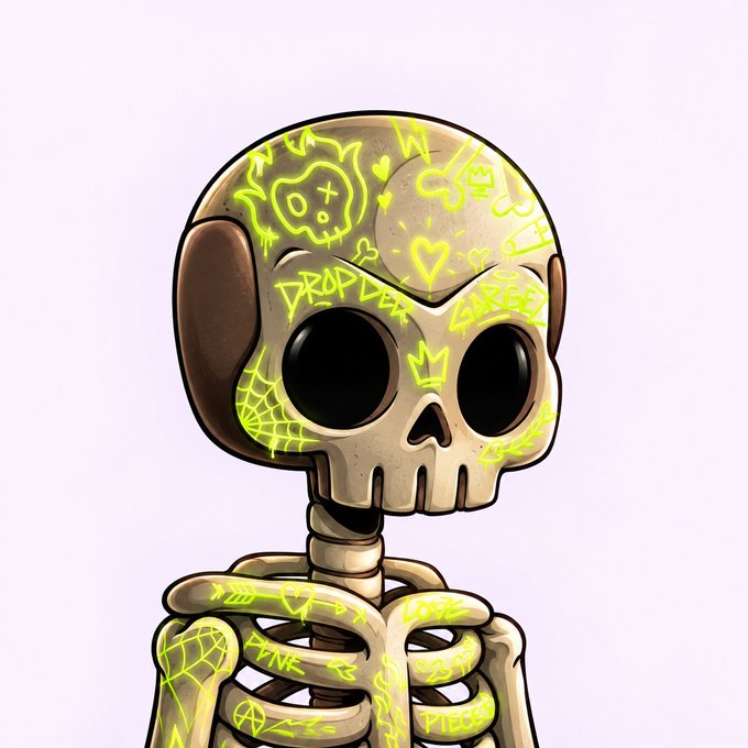 A cartoon skeleton with neon green graffiti-style markings on its skull and bones stares with large black hollow eyes.