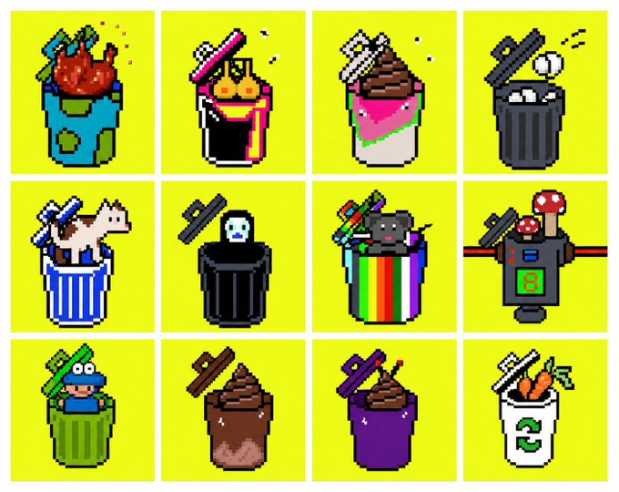 A 4x3 grid of pixel-art trash bins on yellow backgrounds, each containing different discarded items like food, a cat, poop, a skeleton, mushrooms, and recycling, likely symbolizing "throwing away" wallet addresses for the giveaway. No legible text is visible in the image itself, but the trash/bin motif thematically contrasts with the crypto giveaway instructions asking participants to drop wallet addresses below.