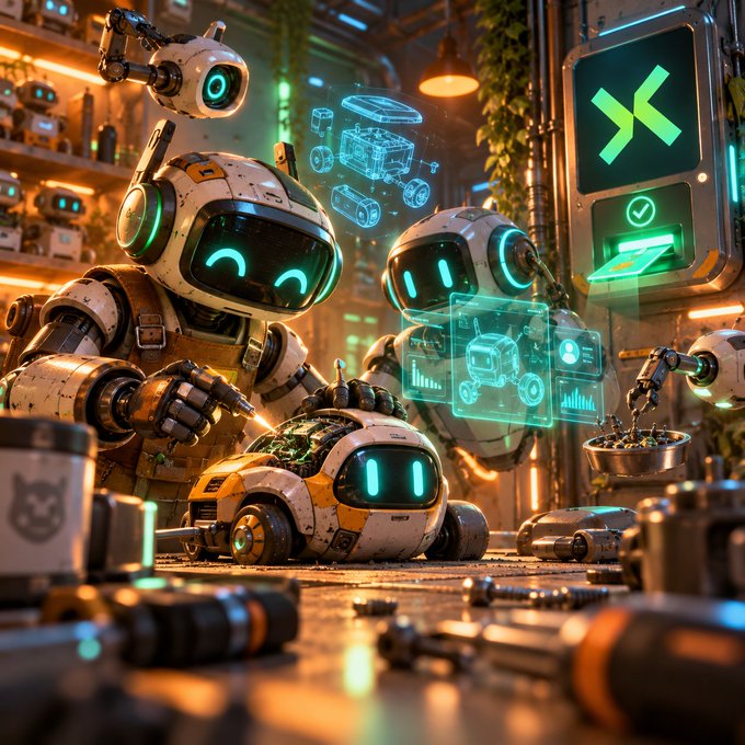 A 3D rendered sci-fi illustration of robots working in a futuristic workshop with green holographic displays, showing various robots interacting with technology and tools in a cyberpunk-style environment.