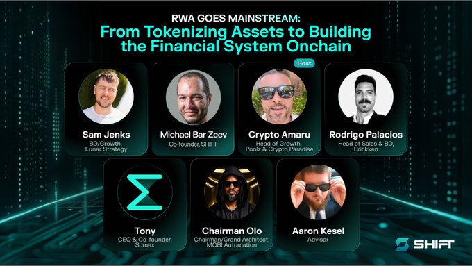A promotional graphic for an event titled 'RWA GOES MAINSTREAM: From Tokenizing Assets to Building the Financial System Onchain,' featuring speakers Sam Jenks, Michael Bar Zeev, Crypto Amaru, Rodrigo Palacios, Tony, Chairman Olo, and Aaron Kesel.