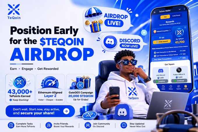 A promotional banner for TeQoin advertising the '$TEQOIN AIRDROP' with an 'AIRDROP LIVE!' and 'DISCORD NOW LIVE!' badge, featuring a person using the TeQoin Wallet app showing 43,700 TePoints earned, alongside stats like '43,000+ TePoints Earned' and 'Ethereum-Aligned Layer 2'.