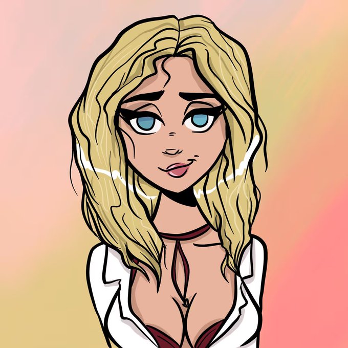 A digital illustration of a blonde woman with blue eyes wearing a white collared shirt and dark red top against a pink and yellow gradient background.