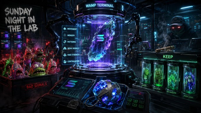 The image shows a futuristic laboratory scene with a large machine that looks like a terminal, surrounded by various objects such as a computer screen displaying information about the terminal's capabilities, and a group of green monsters inside the terminal. The text on the image reads "Sunday night in the lab. The terminal is learning to treat Solana tokens less like random candles and more like behavior: movement memory repeat patterns weak signals fake strength real continuation That’s where $WAMP gets interesting". This suggests that the laboratory is experimenting with using the terminal's tokens as a form of digital currency, treating them in a similar way to how they would be used for physical currency.