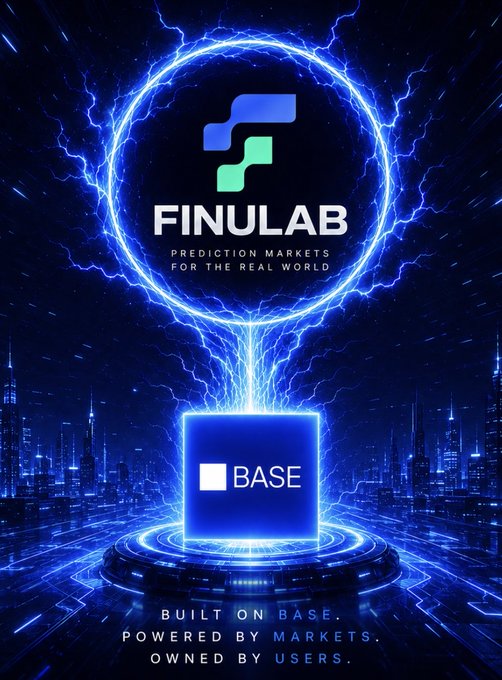 The image features a poster for Finulab, which is an online marketplace that allows people to buy and sell items. The poster has a city skyline as its background, with a blue circle containing a white "BASE" logo at the center of the scene. The text on the poster reads "Built on @base Powered by markets Owned by users". This suggests that Finulab is an online marketplace where people can buy and sell items, and it is powered by a technology called Base.
