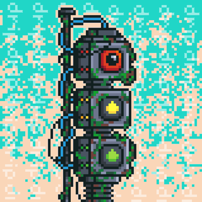 A pixel art traffic light covered in green vines stands against a pixelated turquoise and sand background. The overgrown nature reclaiming the urban object visually echoes the "NFTS" reference, suggesting a fusion of digital art aesthetics with themes of organic decay or digital decay.