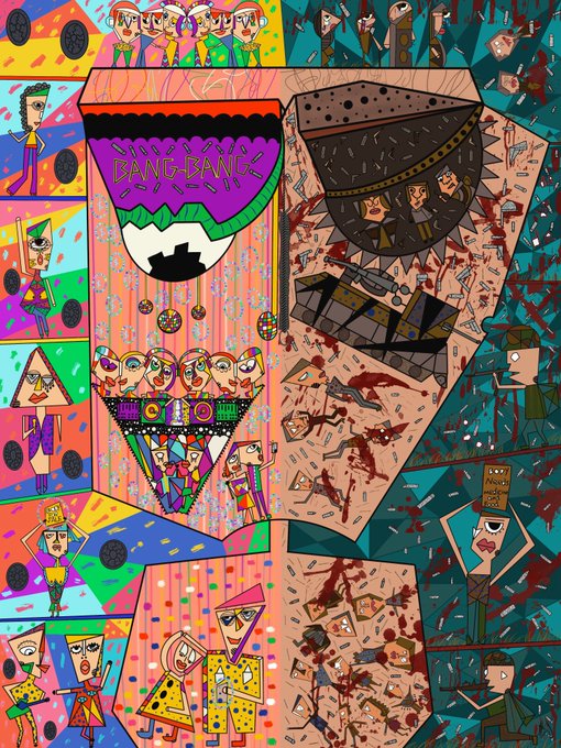 A vibrant, colorful artwork filled with cartoonish figures, patterns, and text including 'BANG BANG' and 'THEO' across various panels.