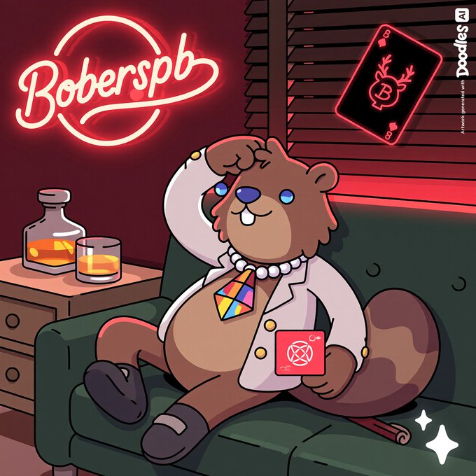 A cartoon beaver lounges on a green couch holding a red cryptocurrency-themed card, beneath a glowing "Boberspb" neon sign and a playing card featuring a "B" emblem, with a whisky bottle and glass on a side table. The whimsical, stylized illustration complements the casual "GM" (good morning) greeting with its relaxed, crypto-culture aesthetic.
