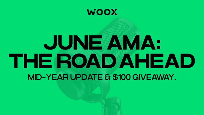 The image features a green square with white text that reads "June Ama; The Road Ahead". Below this, there is an illustration of a microphone against a black background, which adds a visual element to the content. The main focus on the image is its connection to the WOO X post announcing their June AMA event, where people can expect to receive a $100 bonus in shares for their predictions about the stock market and financial markets during that period. The post aims to inform and entertain through a combination of text and visuals related to investing and trends.