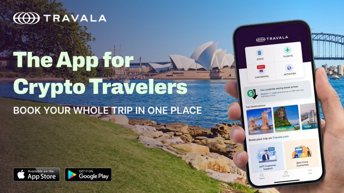 A promotional banner for the Travala app, branded as "The App for Crypto Travelers" with the tagline "Book Your Whole Trip In One Place," shows a smartphone displaying the app's interface—featuring options for Stays, Flights, Car Rental, and Activities—held in front of a scenic Sydney harbor backdrop, with App Store and Google Play download badges below.