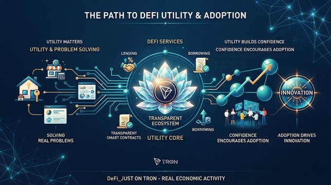 Infographic titled 'THE PATH TO DEFI UTILITY & ADOPTION' from TRON, illustrating DeFi services including lending, borrowing, transparent smart contracts, and how utility builds confidence to encourage adoption and drive innovation.