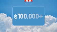 A graphic showing '$100,000+' inside a blue rectangular box floating in clouds, with a parachute attached to the top.