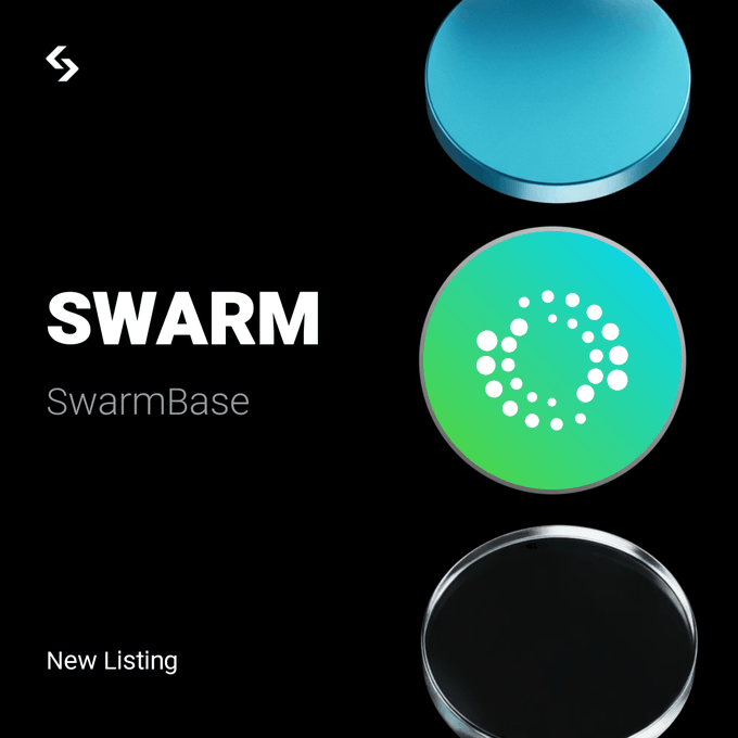 A promotional graphic announcing a new listing for 'SWARM' (SwarmBase) with a green circular logo featuring a hexagonal dotted pattern.