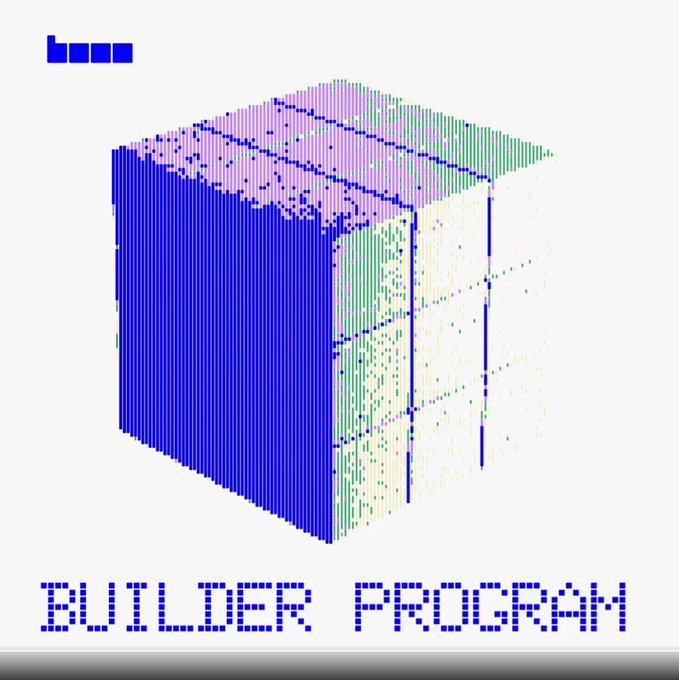 A pixel-art style graphic of a 3D cube rendered in blue, green, and pink with the text 'BUILDER PROGRAM' at the bottom and 'boo' at the top left.
