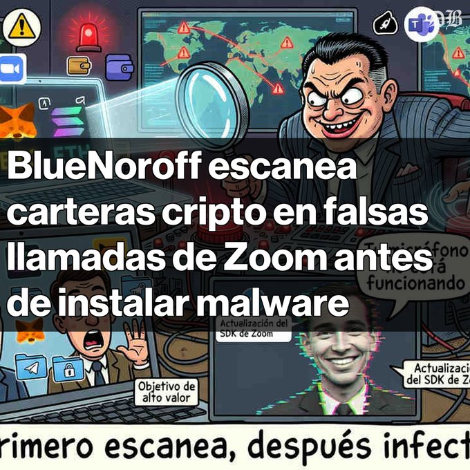 An illustrated cybersecurity infographic in Spanish about BlueNoroff, depicting a hacker scanning crypto wallets through fake Zoom calls before installing malware, with text reading 'BlueNoroff escanea carteras cripto en falsas llamadas de Zoom antes de instalar malware'.