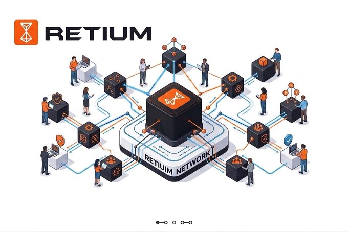An isometric illustration for 'RETIUM' showing the 'Retiium Network' as a connected blockchain ecosystem with a central node linked to various cubes and people working at computers.