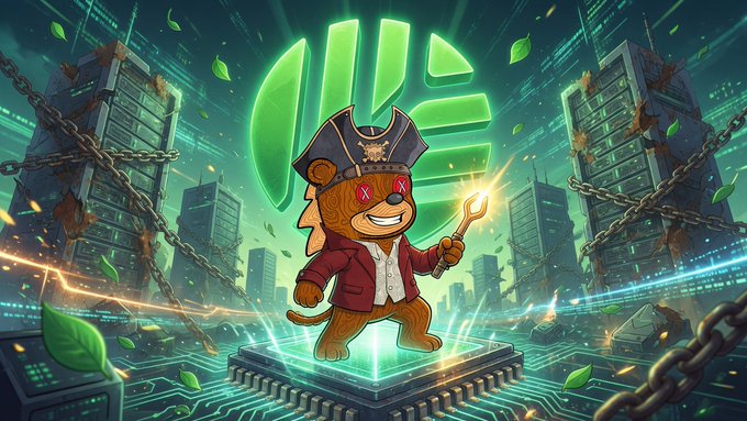 A digital illustration of a pirate teddy bear in a red coat standing on a glowing circuit board platform, holding a sparkler in front of a large green Leafs logo with chains and floating leaves.