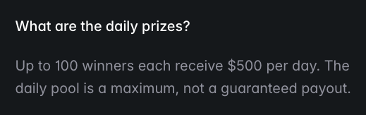 A black graphic displays white text announcing updated Polymarket Combo Rewards: "What are the daily prizes?" followed by "Up to 100 winners each receive $500 per day. The daily pool is a maximum, not a guaranteed payout."