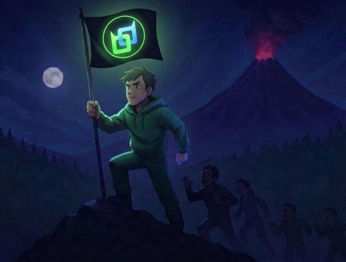 Digital artwork showing a character in a green hoodie planting a glowing green flag on a rock, with a volcano erupting red lava in the background and other figures below.