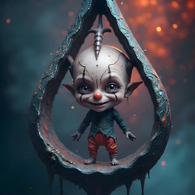 A dark, surreal digital artwork of a small, eerie humanoid creature with pointed ears and a metal spike on its head, standing inside a weathered teardrop-shaped frame against a moody orange and teal background.