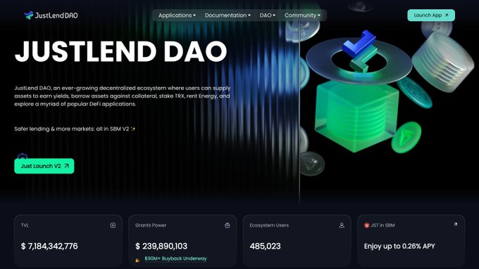 The JustLend DAO website homepage displays a TVL of $7,184,342,776, Grants Power of 239,890,103, and 485,023 Ecosystem Users, with a "Launch V2" button.