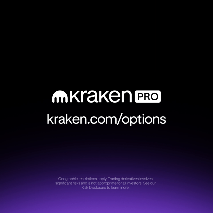 The image displays a promotional graphic for Kraken Pro featuring the "Kraken Pro" logo and the URL "kraken.com/options" in white text on a black background with a purple gradient at the bottom. A disclaimer at the bottom notes geographic restrictions and trading risks, reinforcing the post's announcement about $BTC and $ETH options now being live on the platform with multi-collateral support.
