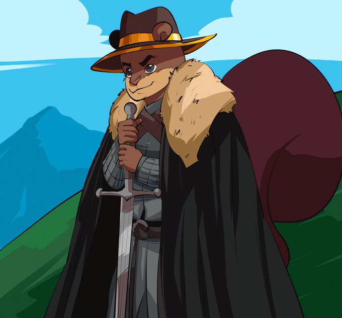 An illustrated anthropomorphic squirrel character wearing a brown cowboy hat and a black cape with a fur collar stands holding a sword against a mountainous backdrop.