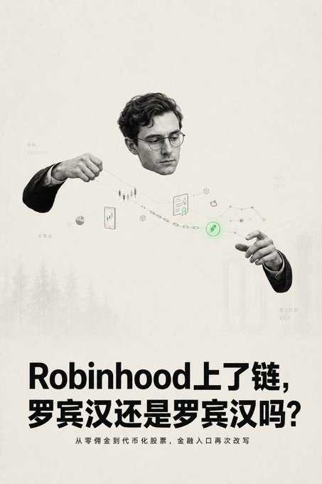A collage-style image shows a man in glasses appearing to thread a needle through a web of financial icons (charts, coins, and a green link symbol), with Chinese text reading "Robinhood上了链, 罗宾汉还是罗宾汉吗?" and the subtitle "从零佣金到代币化股票, 金融人口再次改写," visually capturing the article's theme of Robinhood's transformation from a discount brokerage into a tokenized, blockchain-based financial platform.