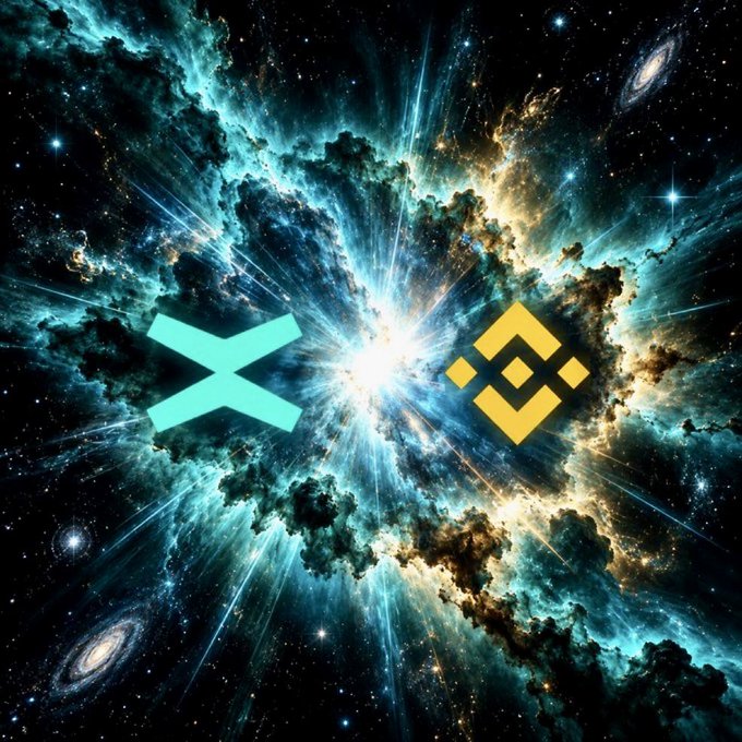 Cosmic nebula background with a bright central explosion featuring the teal X (Twitter/X) logo on the left and yellow Binance logo on the right.