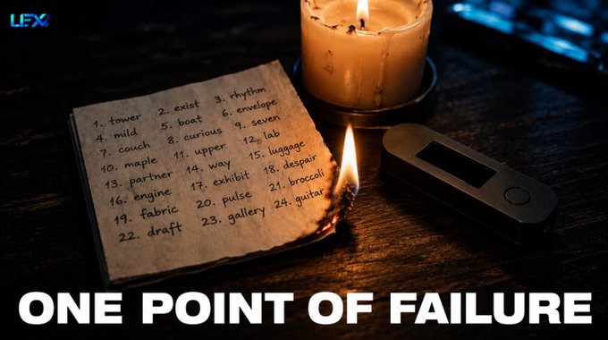 A dimly lit scene features a handwritten list of 24 vocabulary words on parchment next to a burning match, candle, and a hardware wallet, with the text "ONE POINT OF FAILURE" displayed at the bottom.