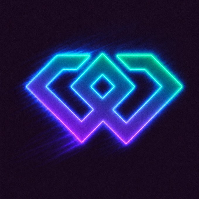 A neon glowing geometric logo design featuring angular shapes in cyan, green, blue, and magenta against a dark textured background.