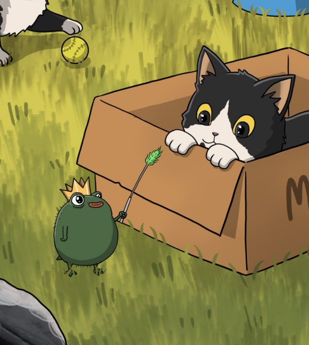An illustration of a black and white kitten sitting inside a cardboard box, while a small, green, crowned creature holds a feather toy in front of it on the grass.