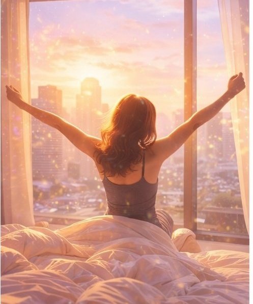 A digital illustration of a woman with red hair sitting on a bed with her arms raised in triumph, looking out a large window at a city skyline during a glowing sunrise or sunset.