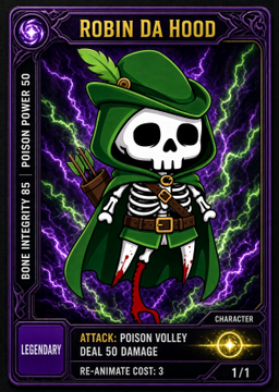 A 'Legendary' character trading card titled 'ROBIN DA HOOD' depicts a skeletal figure in a green Robin Hood outfit with a feathered cap and arrows, set against purple lightning, with stats: Poison Power 50, Bone Integrity 85, Attack: Poison Volley dealing 50 damage, Re-Animate Cost: 3.