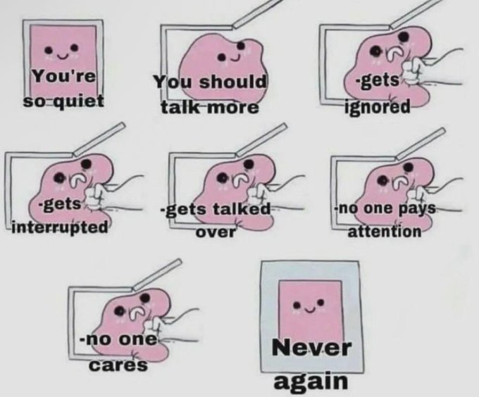 The image features a cartoon depiction of a pink brain with speech bubbles containing various sentences about different ways people deal with their emotions or the concept of getting their money's worth. The text "You're so quiet" is visible, indicating that the brain may represent someone who tries to avoid conflict in certain situations. Other sentences in the speech bubbles cover topics such as ignoring others and talking over them, paying no attention to someone trying to get one's point across, feeling ignored or mistreated by someone else, and understanding this is a never-ending cycle called "The Matrix" (based on a popular movie). This cartoon could be related to a social experiment exploring the relationship between emotions and financial decision-making.