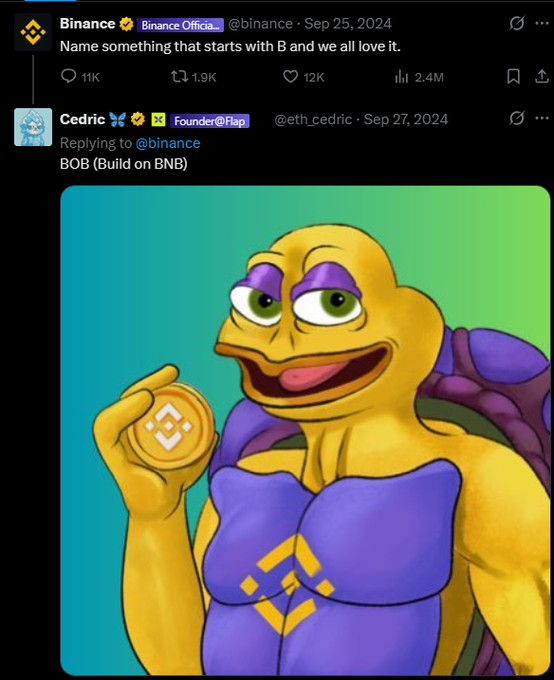 A tweet from Cedric (@eth_cedric) replies to Binance with "BOB (Build on BNB)" featuring an AI-generated image of a yellow and purple Pepe-style turtle mascot holding a Binance (BNB) coin, wearing a Binance-branded vest. The image creatively merges the Flap, Pepe, and BNB branding into a single character.