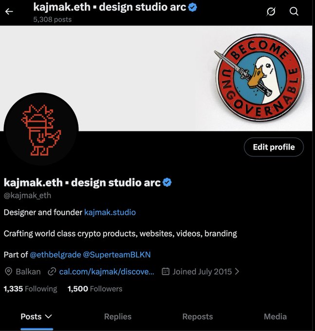 A Twitter/X profile page for 'kajmak.eth • design studio arc' (@kajmak_eth), a designer and founder of kajmak.studio who crafts crypto products, websites, and branding, featuring a 'BECOME UNGOVERNABLE' duck sticker.