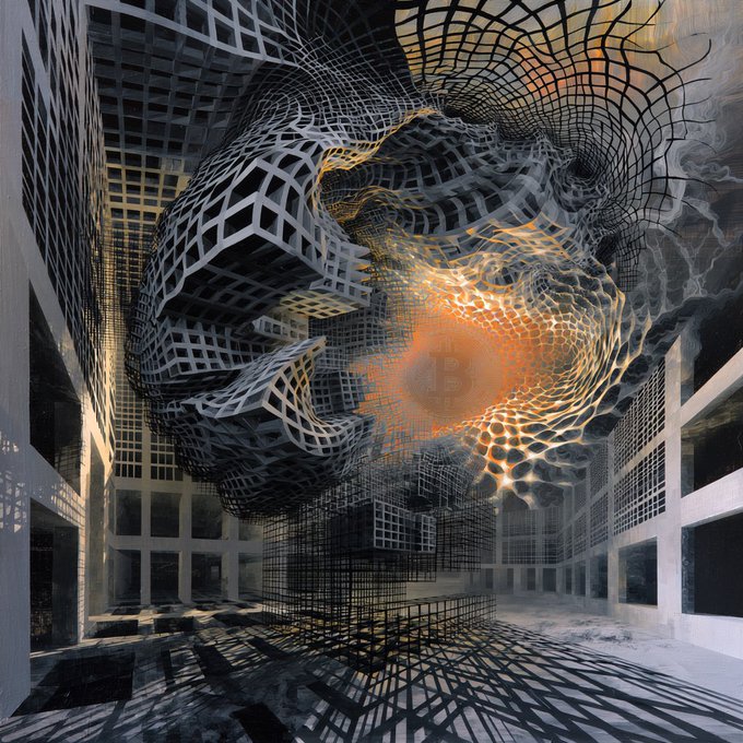 A surreal digital artwork depicting an architectural space with gridded wireframe structures forming a swirling vortex with an orange glowing center resembling Bitcoin or cryptocurrency symbolism.