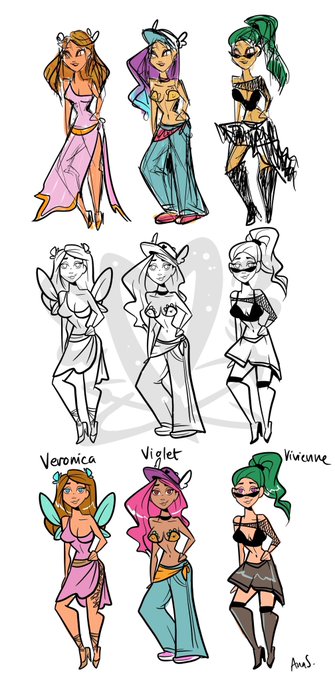 Character design sketches showing three fairy-like figures labeled 'Veronica,' 'Violet,' and 'Vincent' in both rough line art and fully colored versions.