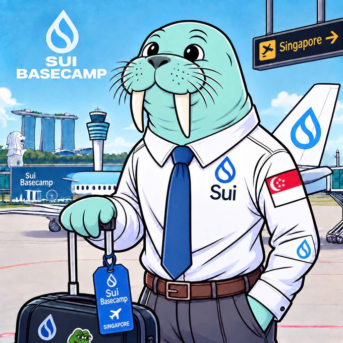 An illustrated walrus mascot dressed as a businessman with a 'Sui' logo tie and a 'Sui Basecamp Singapore' luggage tag, standing near an airplane with Singapore landmarks in the background.