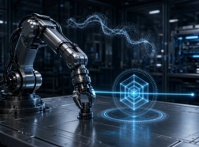 A futuristic scene featuring a metallic robotic arm positioned on a tiled surface, with glowing blue digital particles and a holographic cube emitting a beam of light in a dark industrial setting.