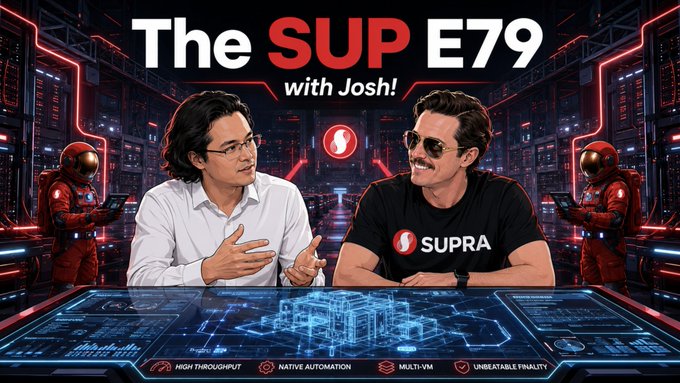 Two men sit at a futuristic high-tech console in a sci-fi server room, with the title "The SUP E79 with Josh!" displayed prominently above them, promoting the latest Supra (SUPRA) ecosystem update featuring CEO Joshua Tobkin airing live at 3pm UTC.